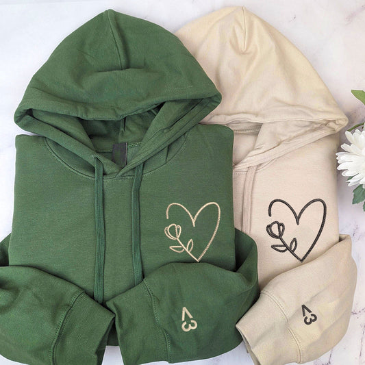 Flower Heart Matching Hoodies for Couples - Custom Embroidered Couple Sweatshirts