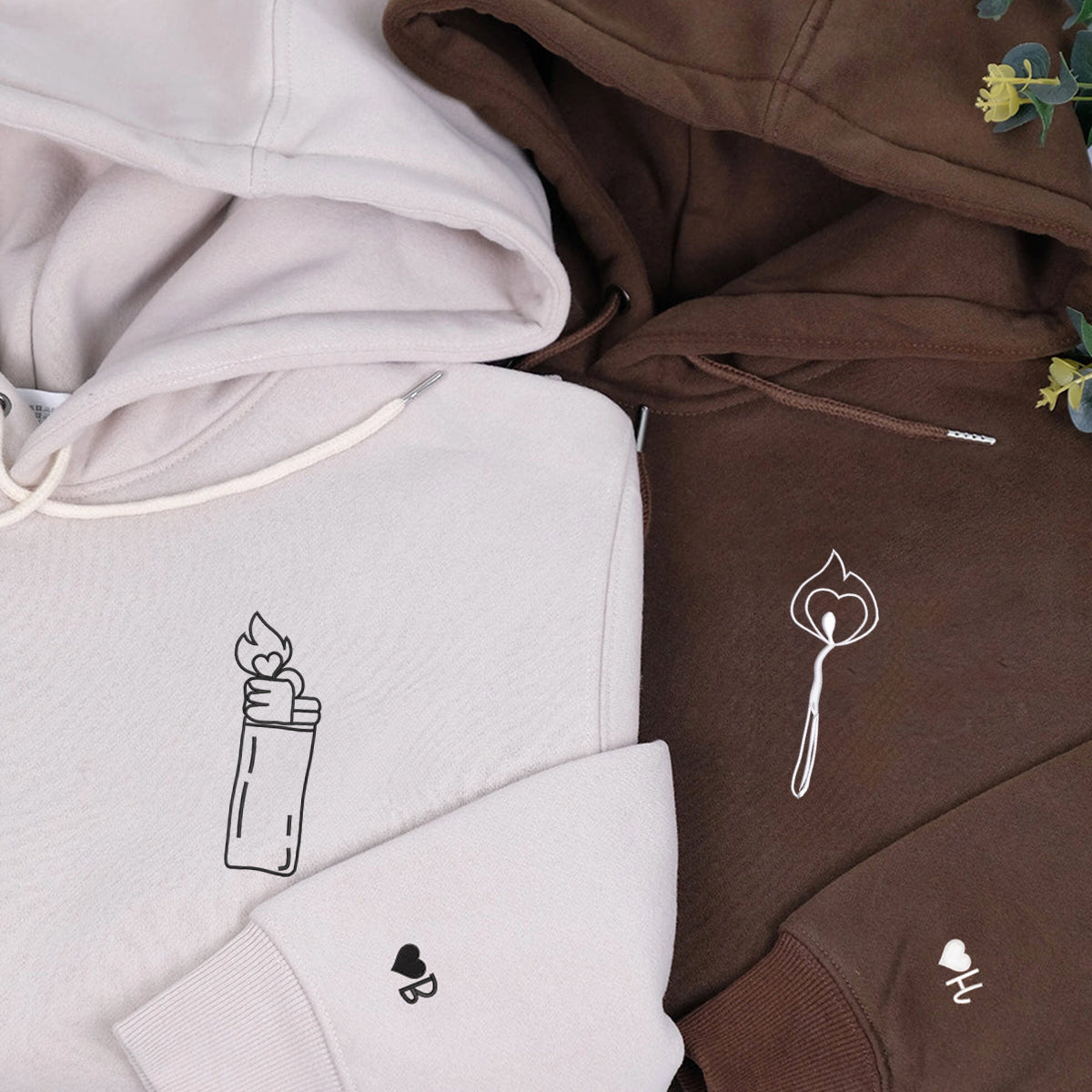 Lighter and Fire Matching Hoodies for Couples - Custom Embroidered Sweatshirts