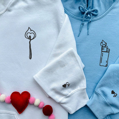 Lighter and Fire Matching Hoodies for Couples - Custom Embroidered Sweatshirts