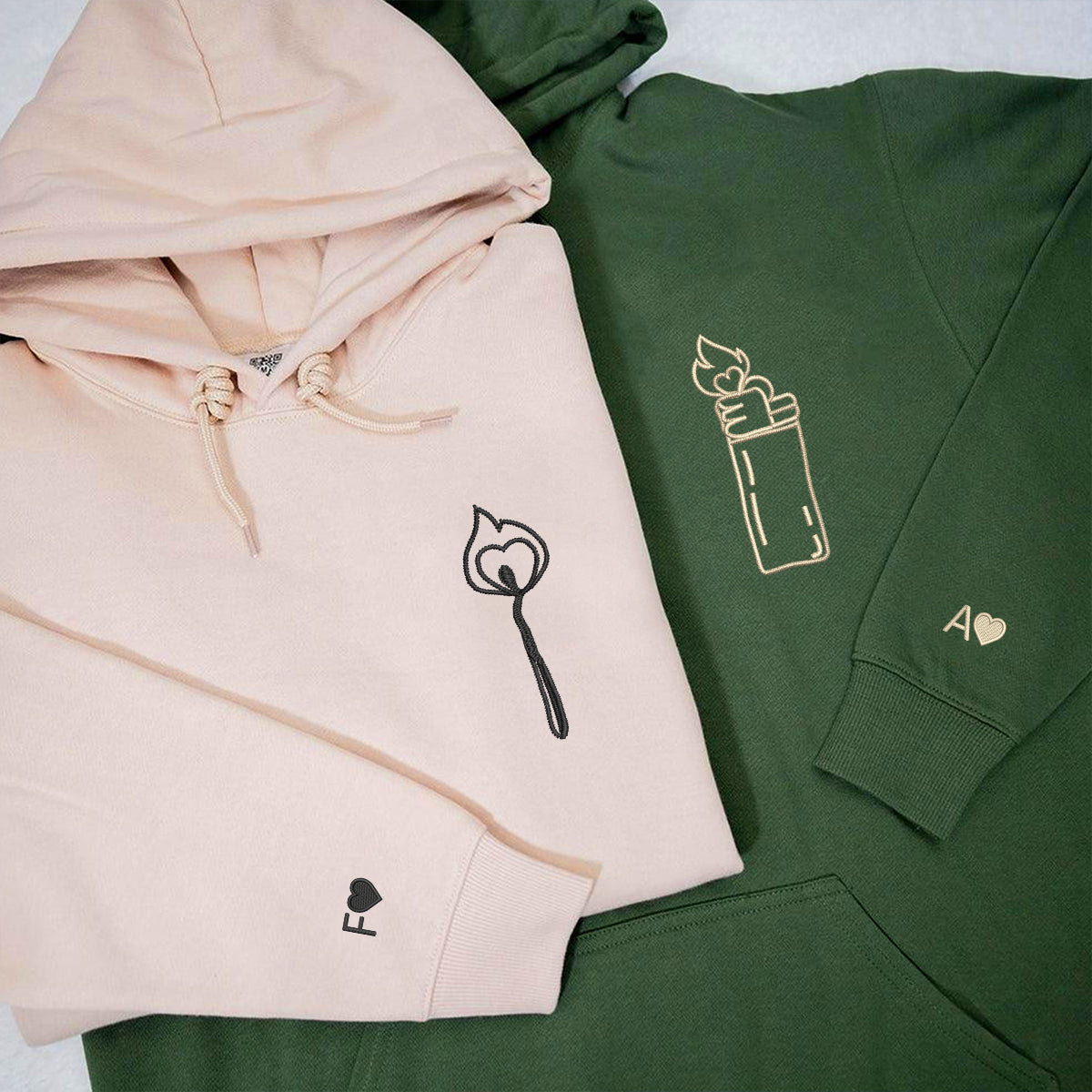 Lighter and Fire Matching Hoodies for Couples - Custom Embroidered Sweatshirts