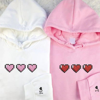 Pixel Heart Matching Hoodies for Couples - Custom Embroidered Sweatshirts