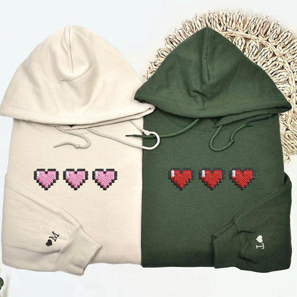 Pixel Heart Matching Hoodies for Couples - Custom Embroidered Sweatshirts