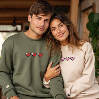 Pixel Heart Matching Hoodies for Couples - Custom Embroidered Sweatshirts