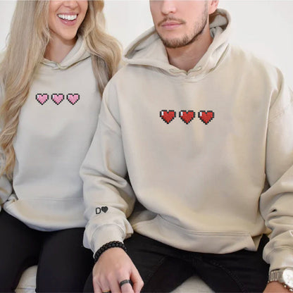 Pixel Heart Matching Hoodies for Couples - Custom Embroidered Sweatshirts