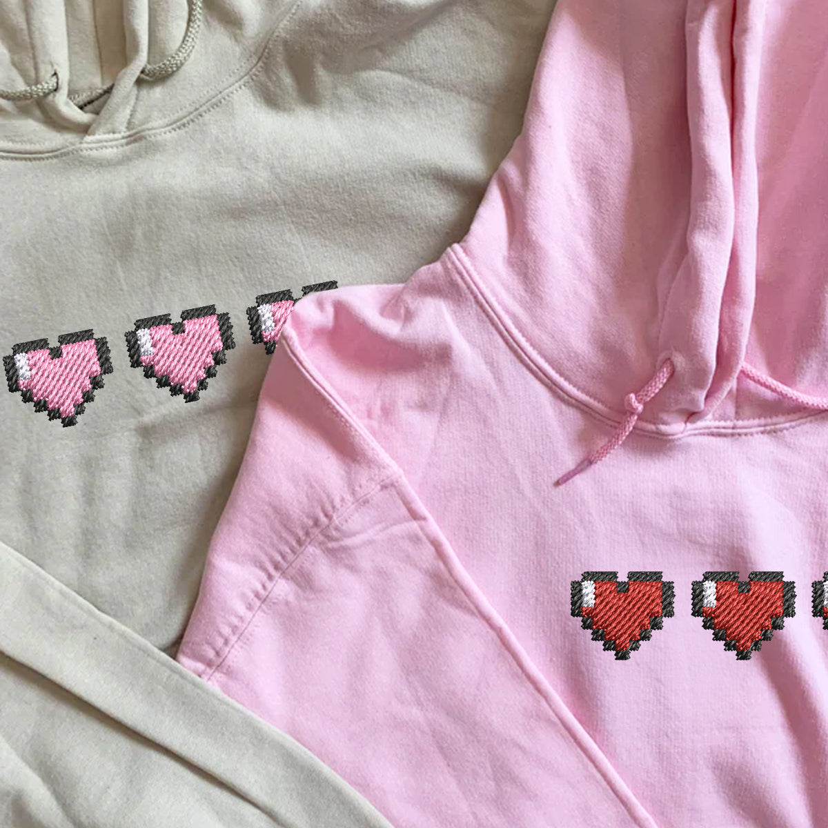 Pixel Heart Matching Hoodies for Couples - Custom Embroidered Sweatshirts