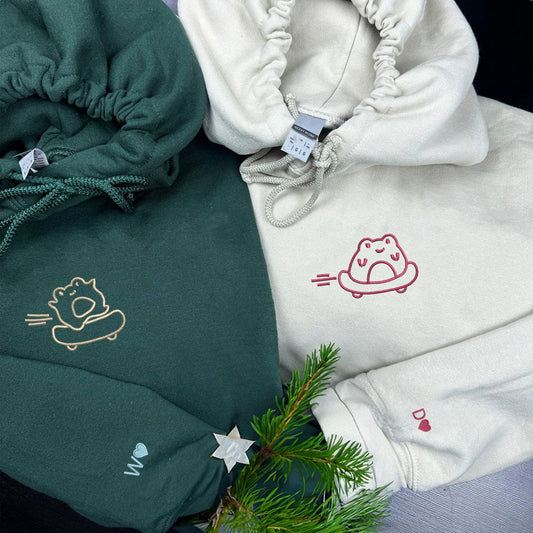 Skateboard Frog Matching Hoodies for Couples - Custom Embroidered Sweatshirts