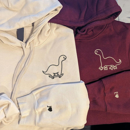 Skater Dino Matching Hoodies for Couples - Custom Embroidered Sweatshirts