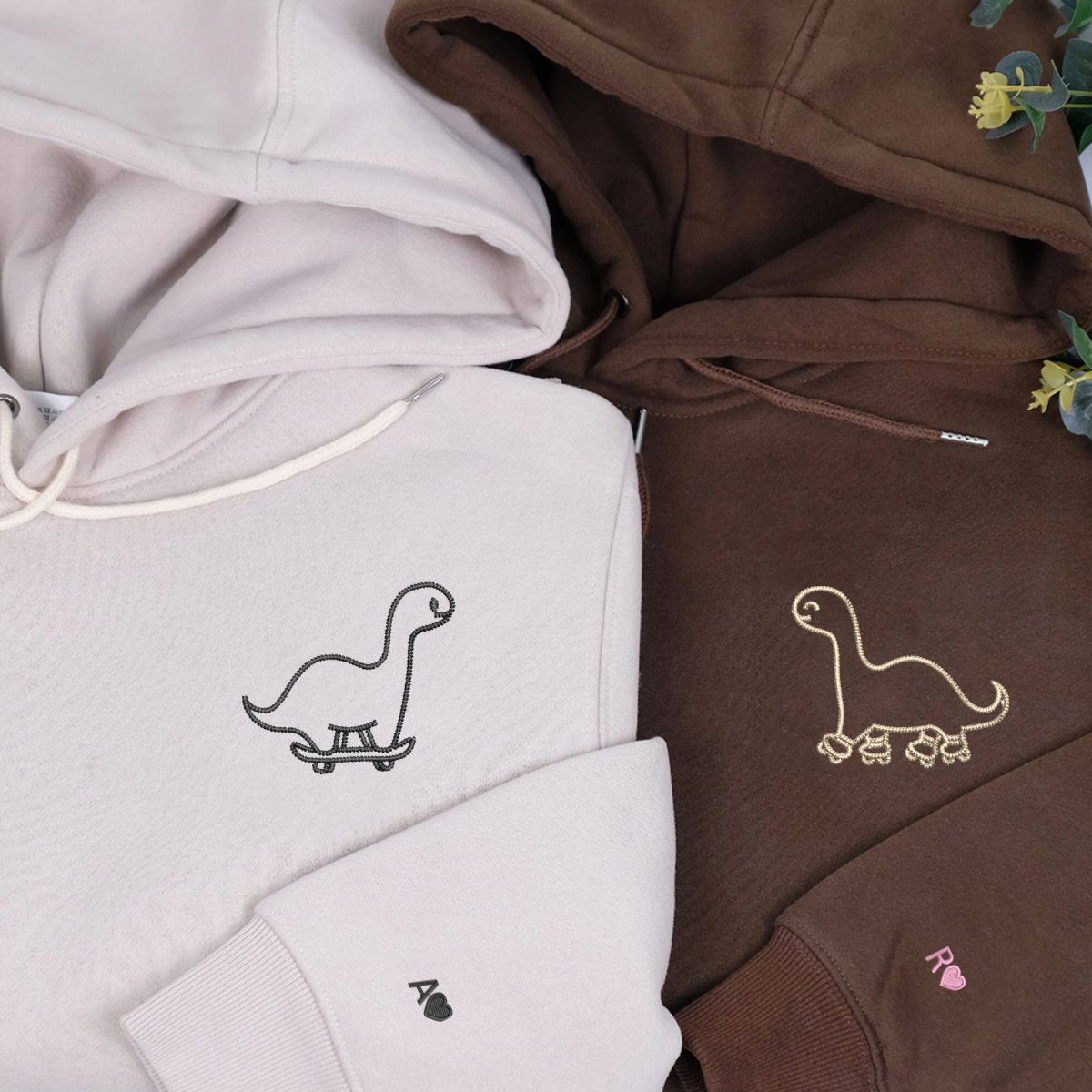 Skater Dino Matching Hoodies for Couples - Custom Embroidered Sweatshirts
