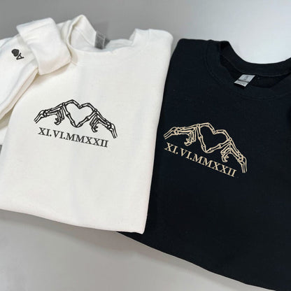 Skeleton Heart Roman Numeral Matching Hoodies for Couples - Custom Embroidered Sweatshirts