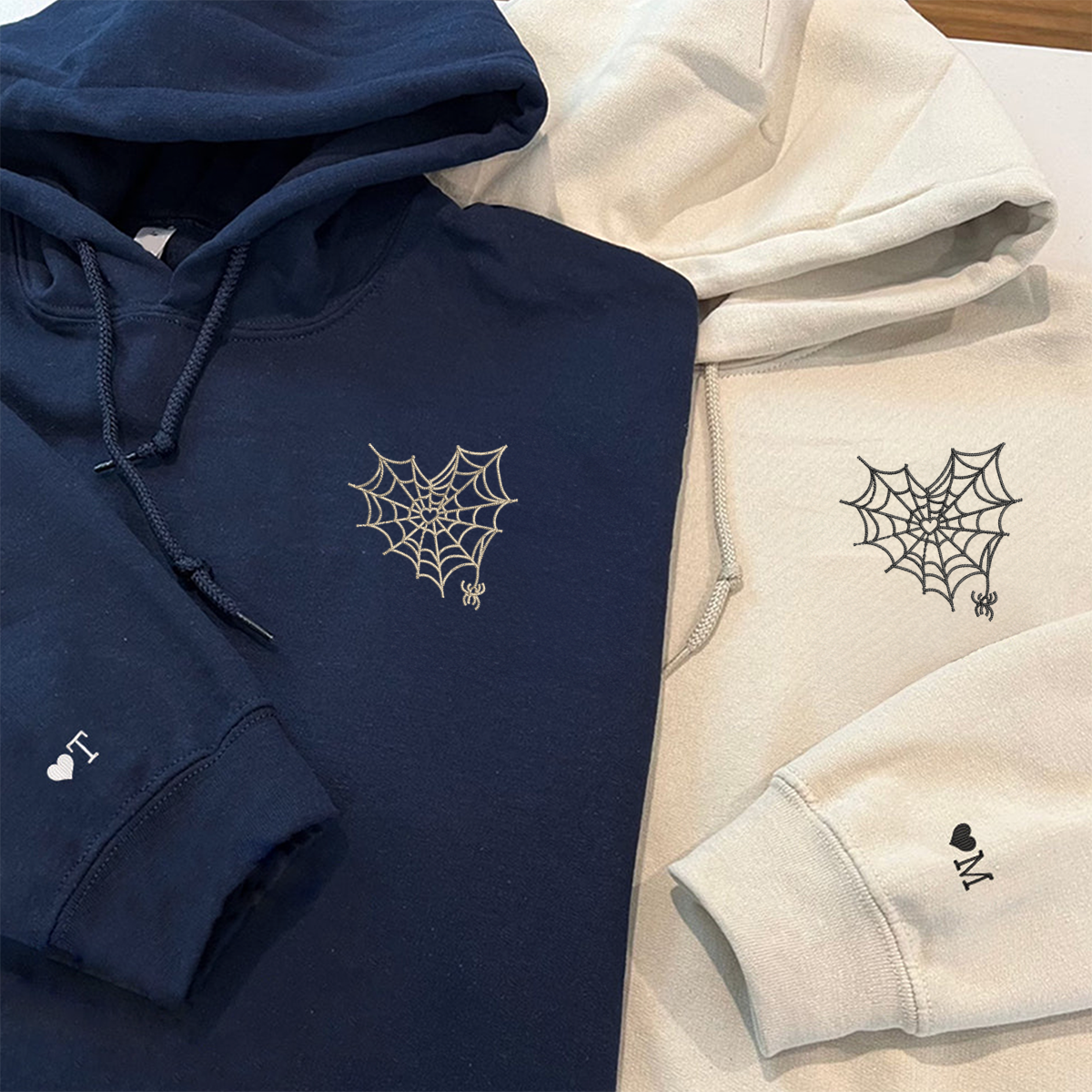 Spider Web Heart Matching Hoodies for Couples - Custom Embroidered Couple Sweatshirts