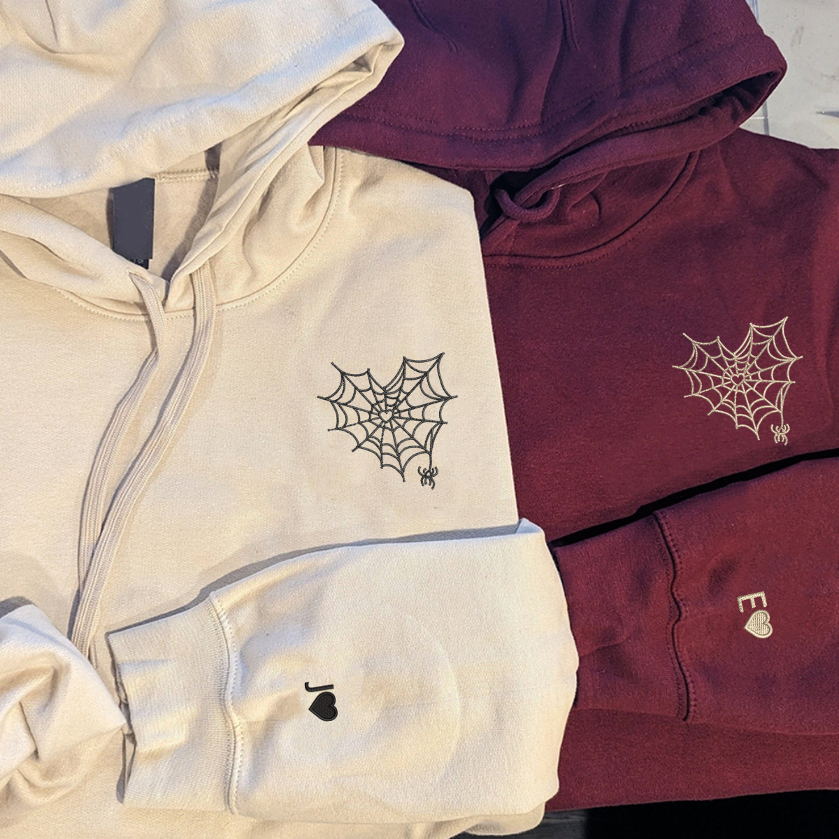 Spider Web Heart Matching Hoodies for Couples - Custom Embroidered Couple Sweatshirts