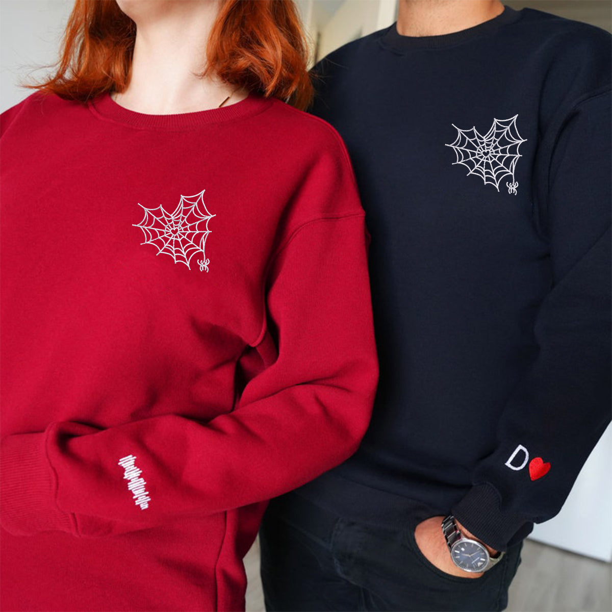 Spider Web Heart Matching Hoodies for Couples - Custom Embroidered Couple Sweatshirts