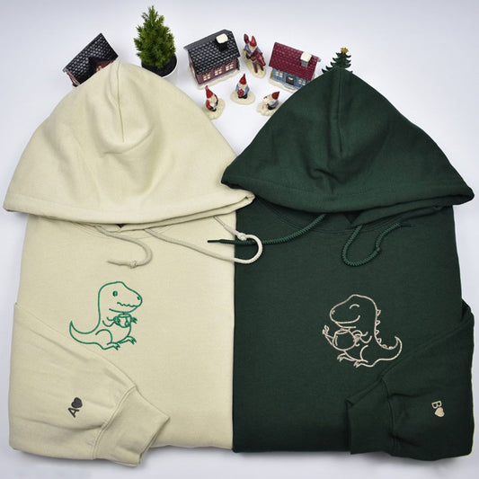 Tea Rex Matching Hoodies for Couples - Custom Embroidered Dinosaur Sweatshirts