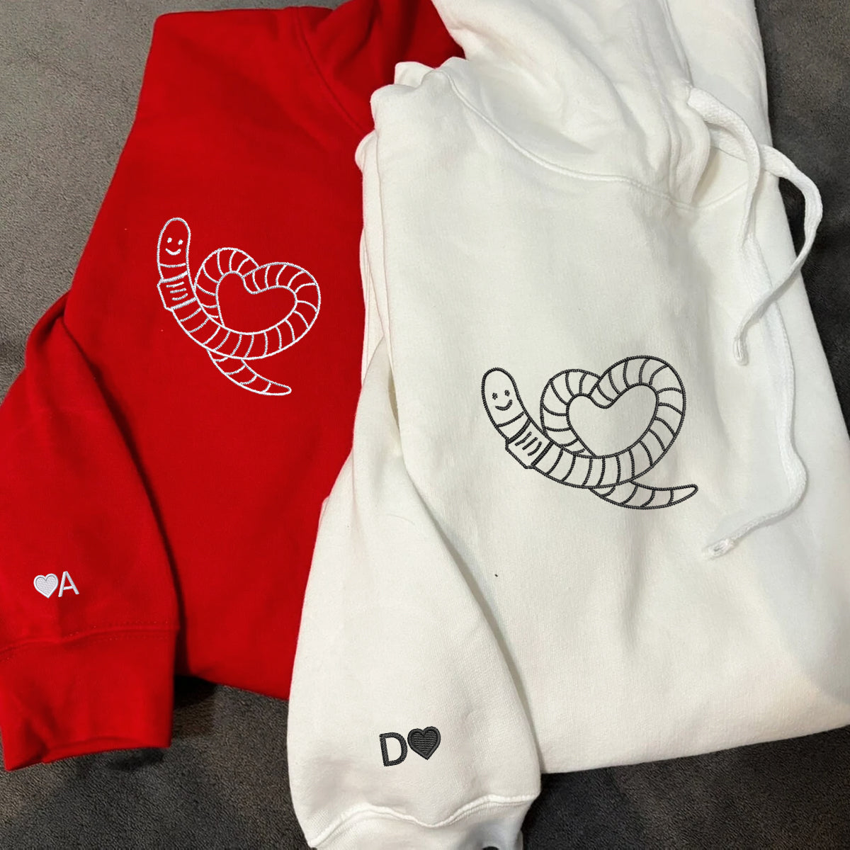 Worm Heart Matching Hoodies for Couples - Custom Embroidered Couple Sweatshirts