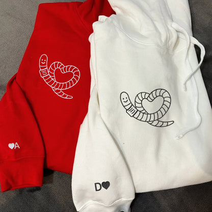 Worm Heart Matching Hoodies for Couples - Custom Embroidered Couple Sweatshirts