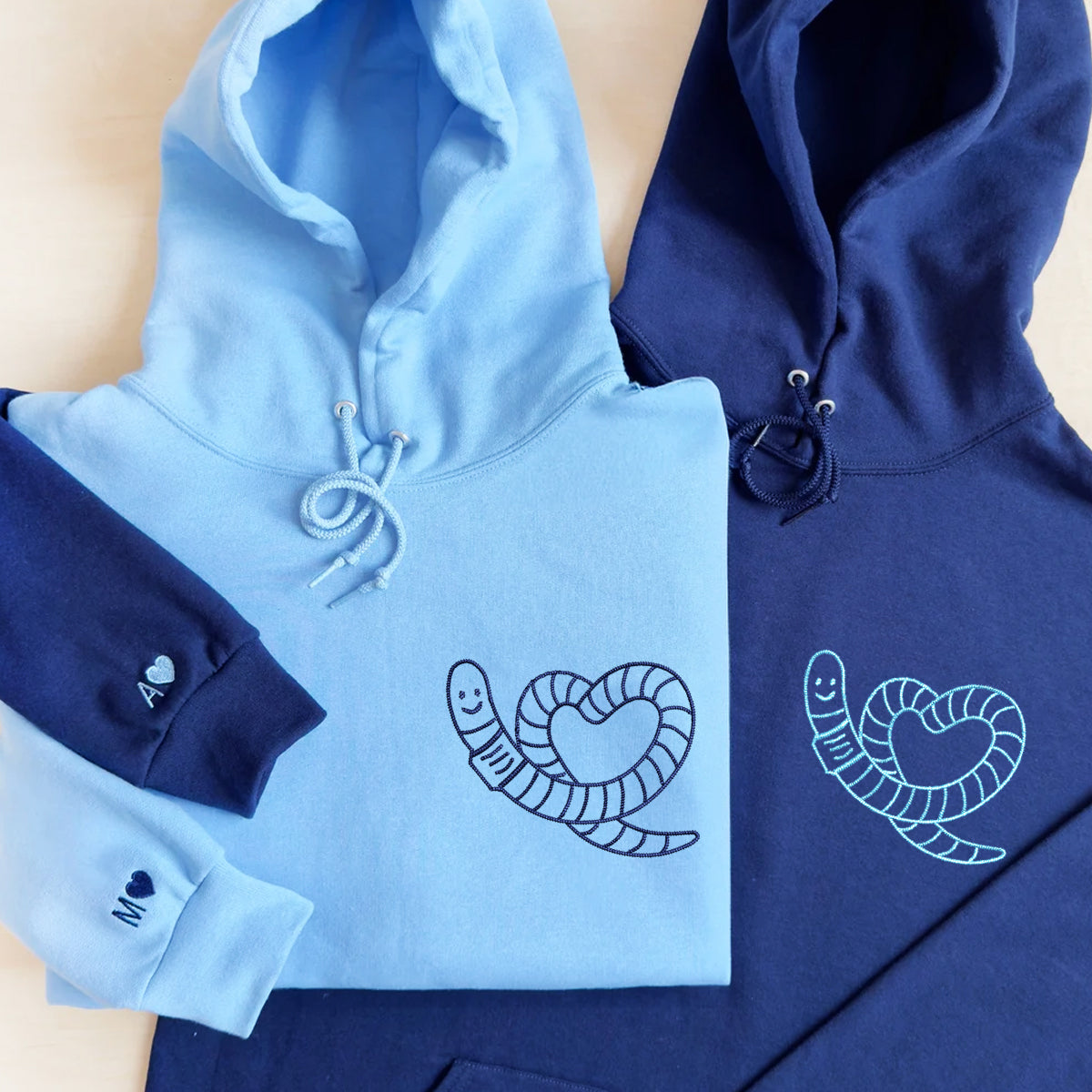Worm Heart Matching Hoodies for Couples - Custom Embroidered Couple Sweatshirts