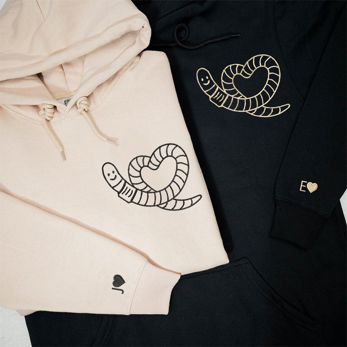 Worm Heart Matching Hoodies for Couples - Custom Embroidered Couple Sweatshirts