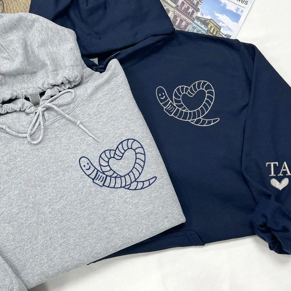 Worm Heart Matching Hoodies for Couples - Custom Embroidered Couple Sweatshirts