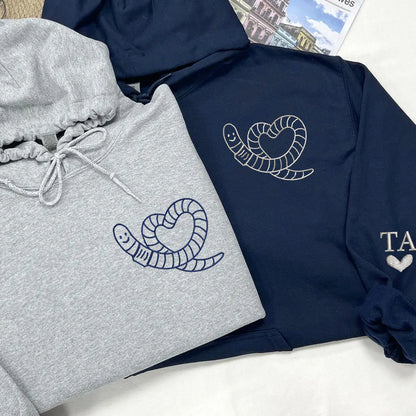 Worm Heart Matching Hoodies for Couples - Custom Embroidered Couple Sweatshirts