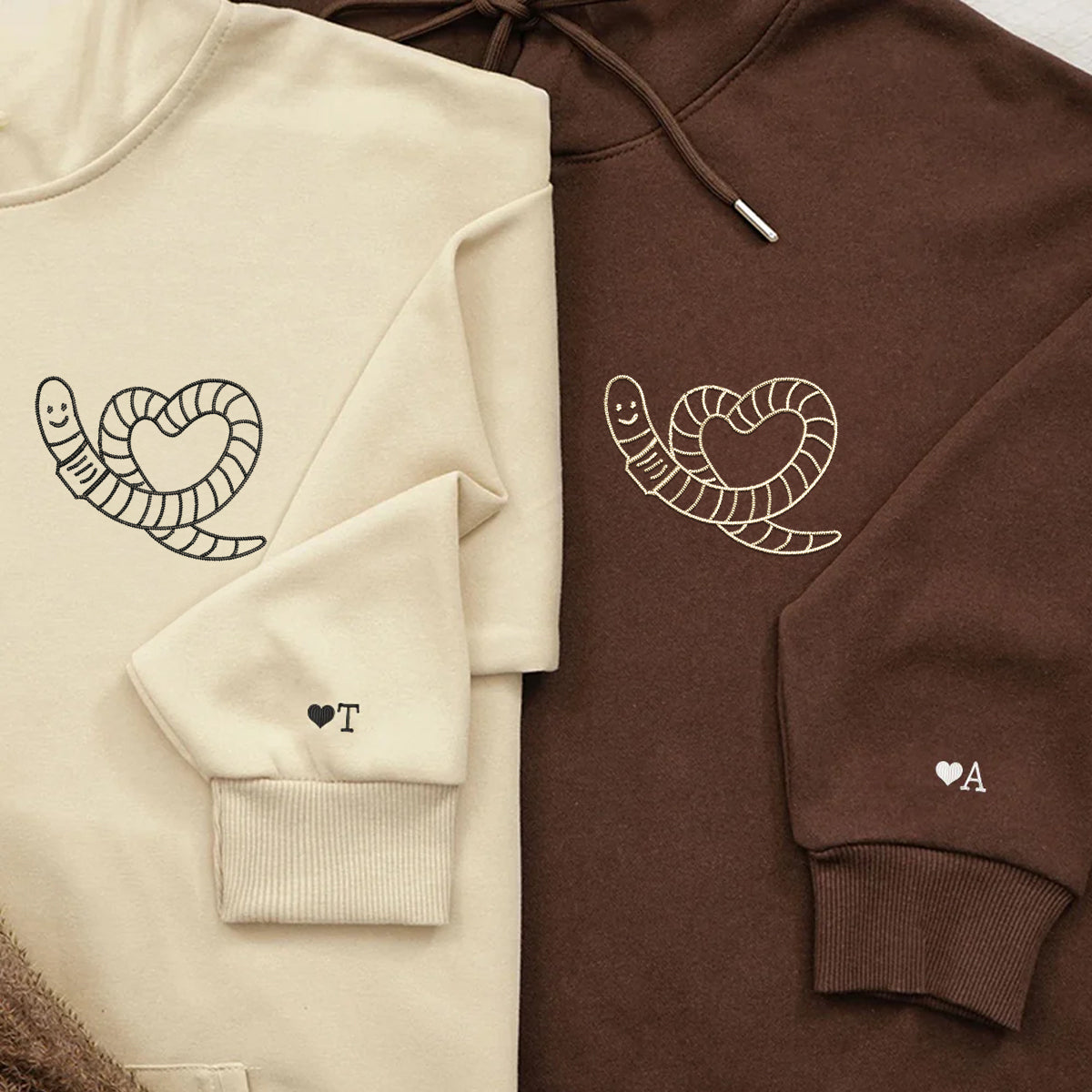 Worm Heart Matching Hoodies for Couples - Custom Embroidered Couple Sweatshirts