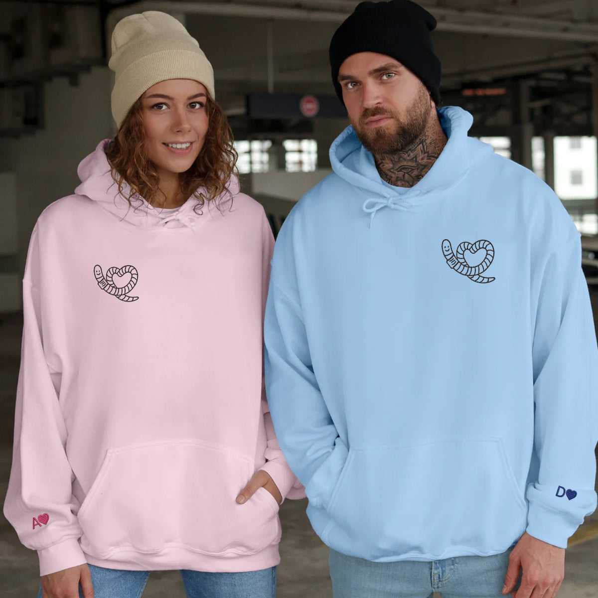 Worm Heart Matching Hoodies for Couples - Custom Embroidered Couple Sweatshirts