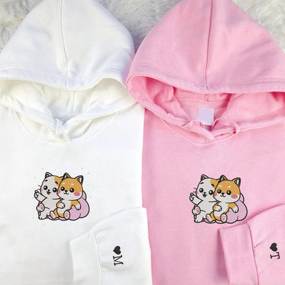 Cute Cat x Dog Custom Embroidered Matching Hoodies For Couples - Couple Hoodies