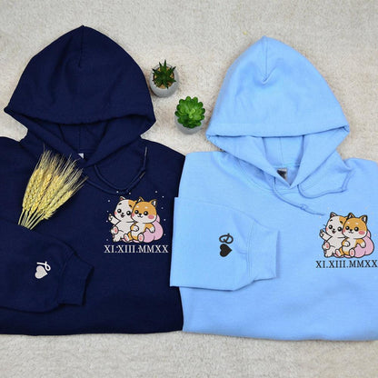Cute Cat x Dog Custom Roman Numeral Matching Embroidered Hoodies For Couples