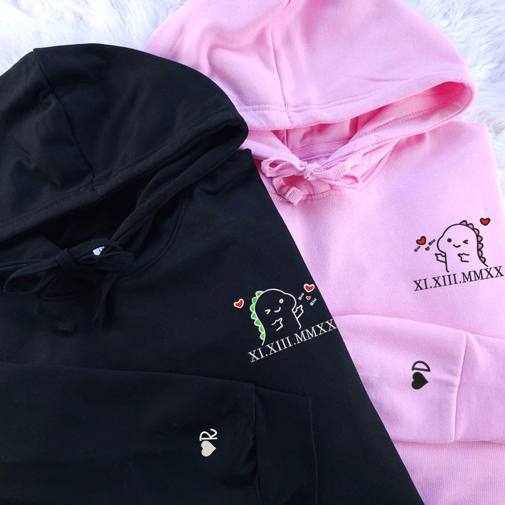 Cute Dino Couple Custom Roman Numeral Matching Embroidered Hoodies For Couples - Perfect for Cozy Couples Gifts