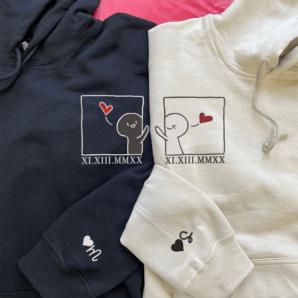 Cute Cartoon Couple Custom Roman Numeral Matching Embroidered Hoodies For Couples - Perfect for Cozy Couples Gifts