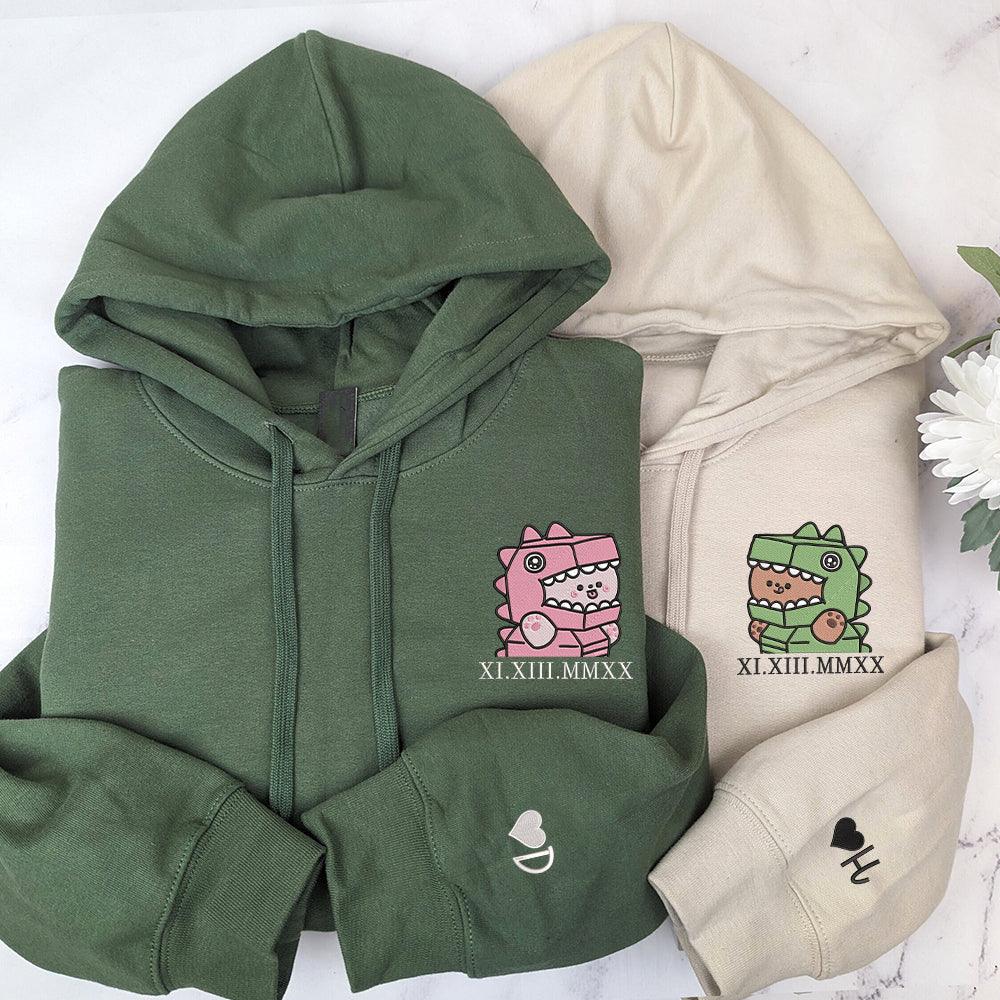 Cute T-Rex Costume Couples Custom Roman Numeral Matching Embroidered Hoodies For Couples