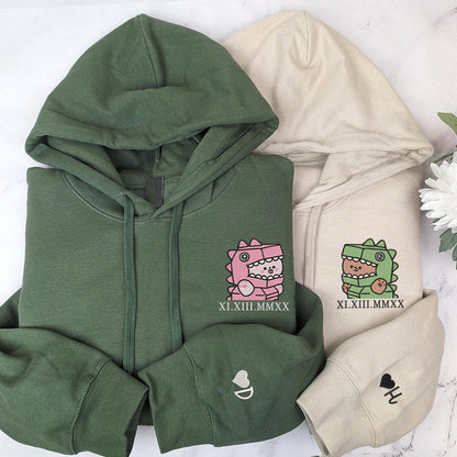 Cute T-Rex Costume Couples Custom Roman Numeral Matching Embroidered Hoodies For Couples
