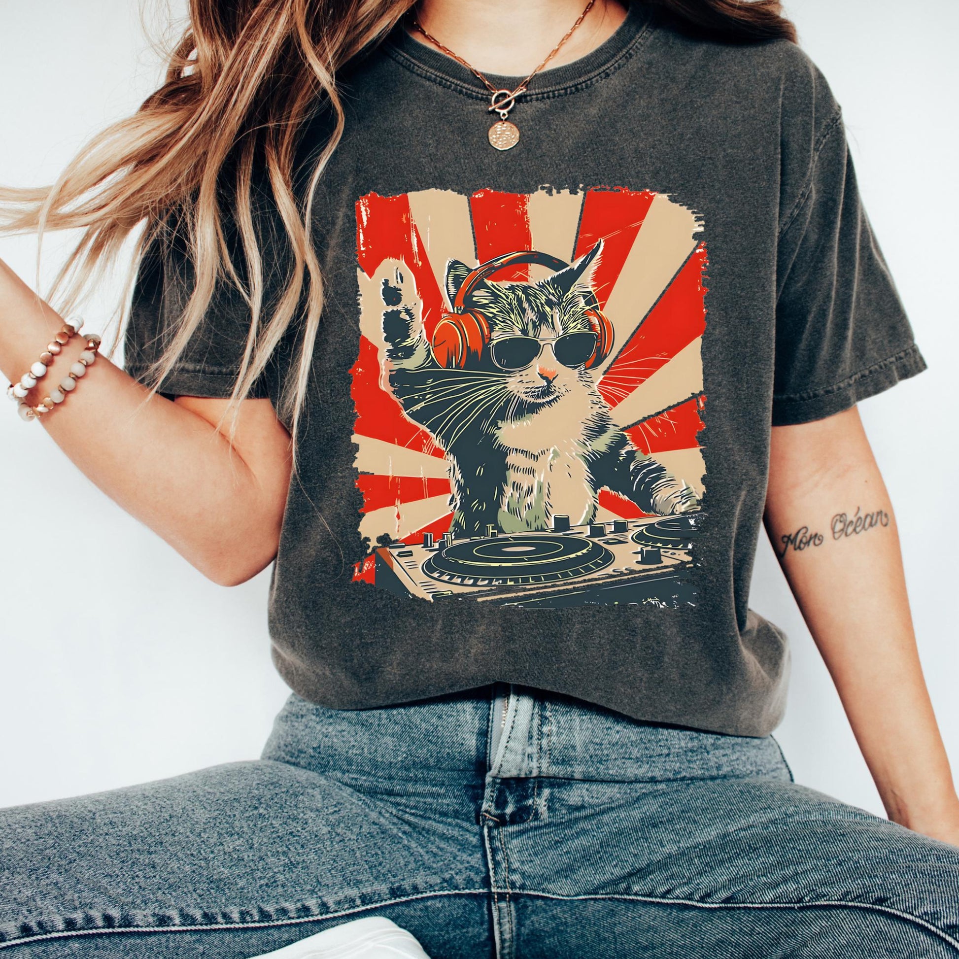 DJ Cat Graphic T-Shirt – Funny Cat with Headphones Tee for Music Lovers