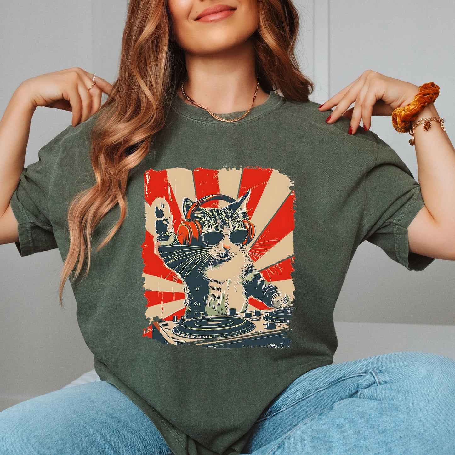DJ Cat Graphic T-Shirt – Funny Cat with Headphones Tee for Music Lovers