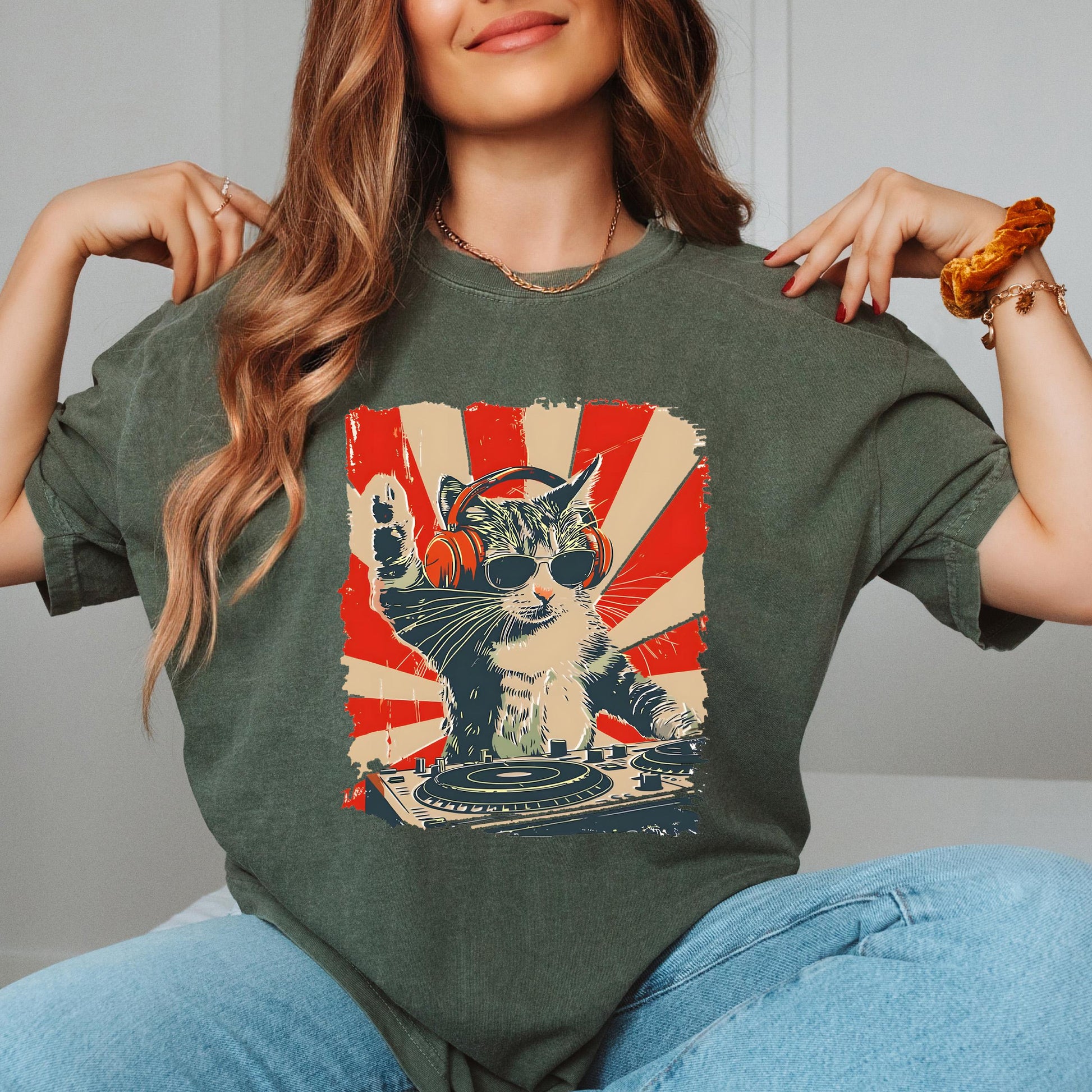 DJ Cat Graphic T-Shirt – Funny Cat with Headphones Tee for Music Lovers