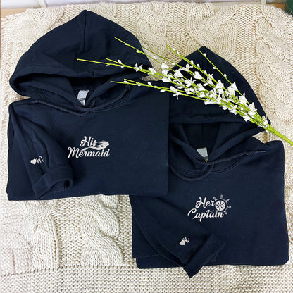 His Mermaid Her Captain Custom Embroidered Matching Hoodies For Couples - Perfect for Cozy Couples Gifts