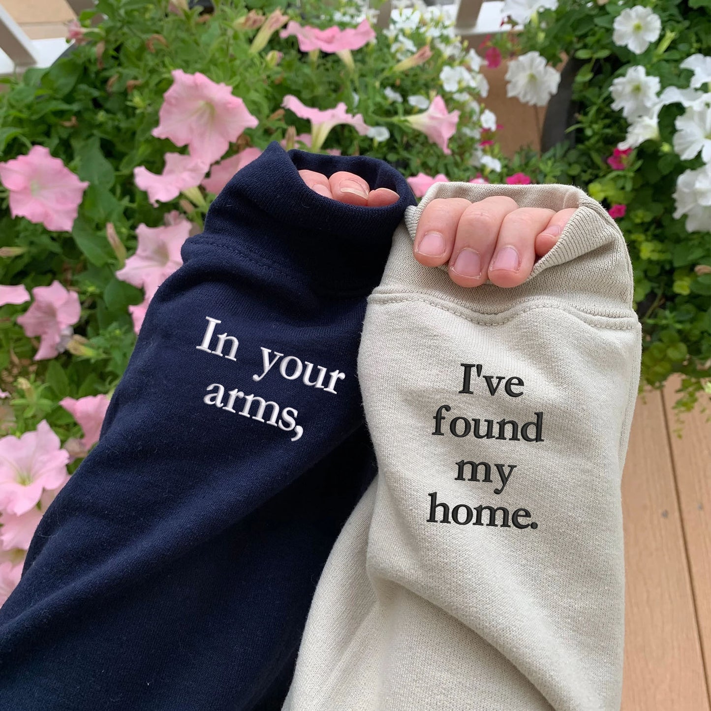 In Your Arms, I've Found My Home Matching Hoodies for Couples - Custom Embroidered Sleeve Text