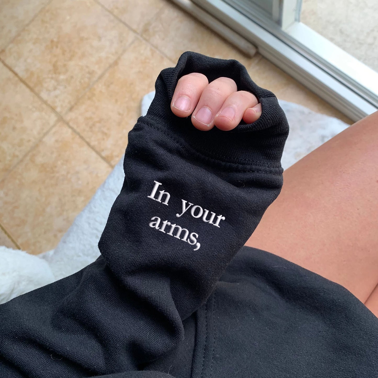 In Your Arms, I've Found My Home Matching Hoodies for Couples - Custom Embroidered Sleeve Text