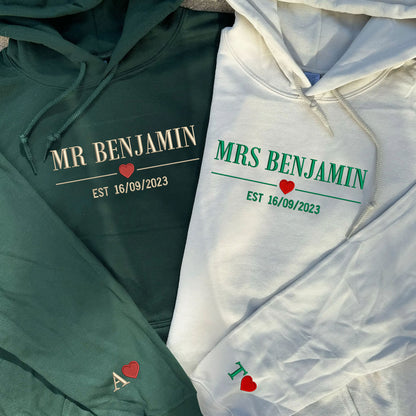 Mr. & Mrs. Hoodies or Sweatshirts with Est Year - Custom Embroidered Couple Set