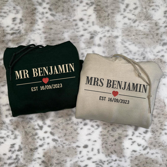 Mr. & Mrs. Hoodies or Sweatshirts with Est Year - Custom Embroidered Couple Set