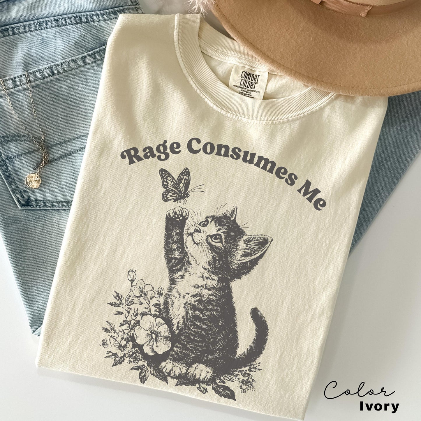 Rage Consumes Me Cute Cat Graphic T-Shirt – Funny Meme Tee with Butterfly Design