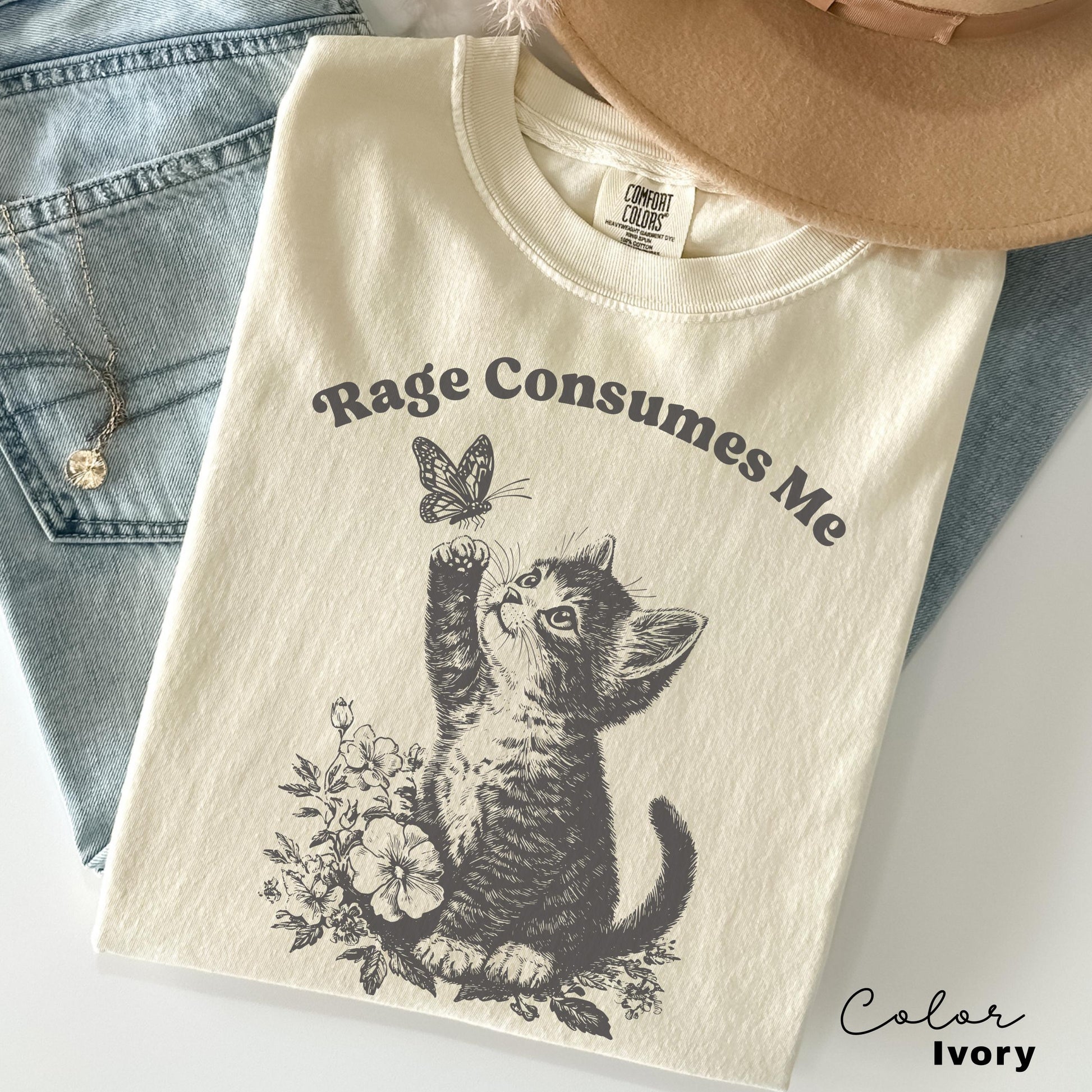 Rage Consumes Me Cute Cat Graphic T-Shirt – Funny Meme Tee with Butterfly Design