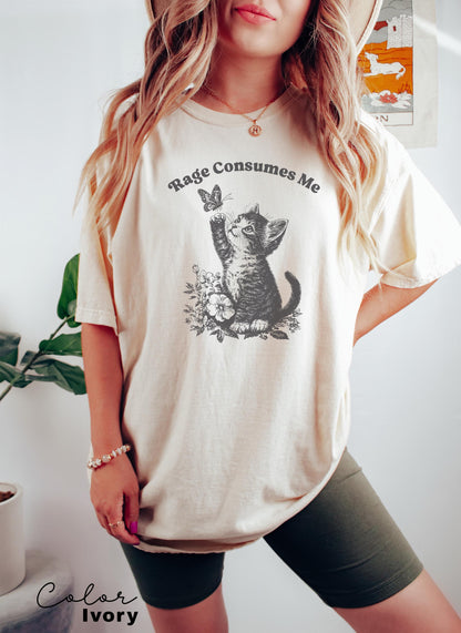 Rage Consumes Me Cute Cat Graphic T-Shirt – Funny Meme Tee with Butterfly Design