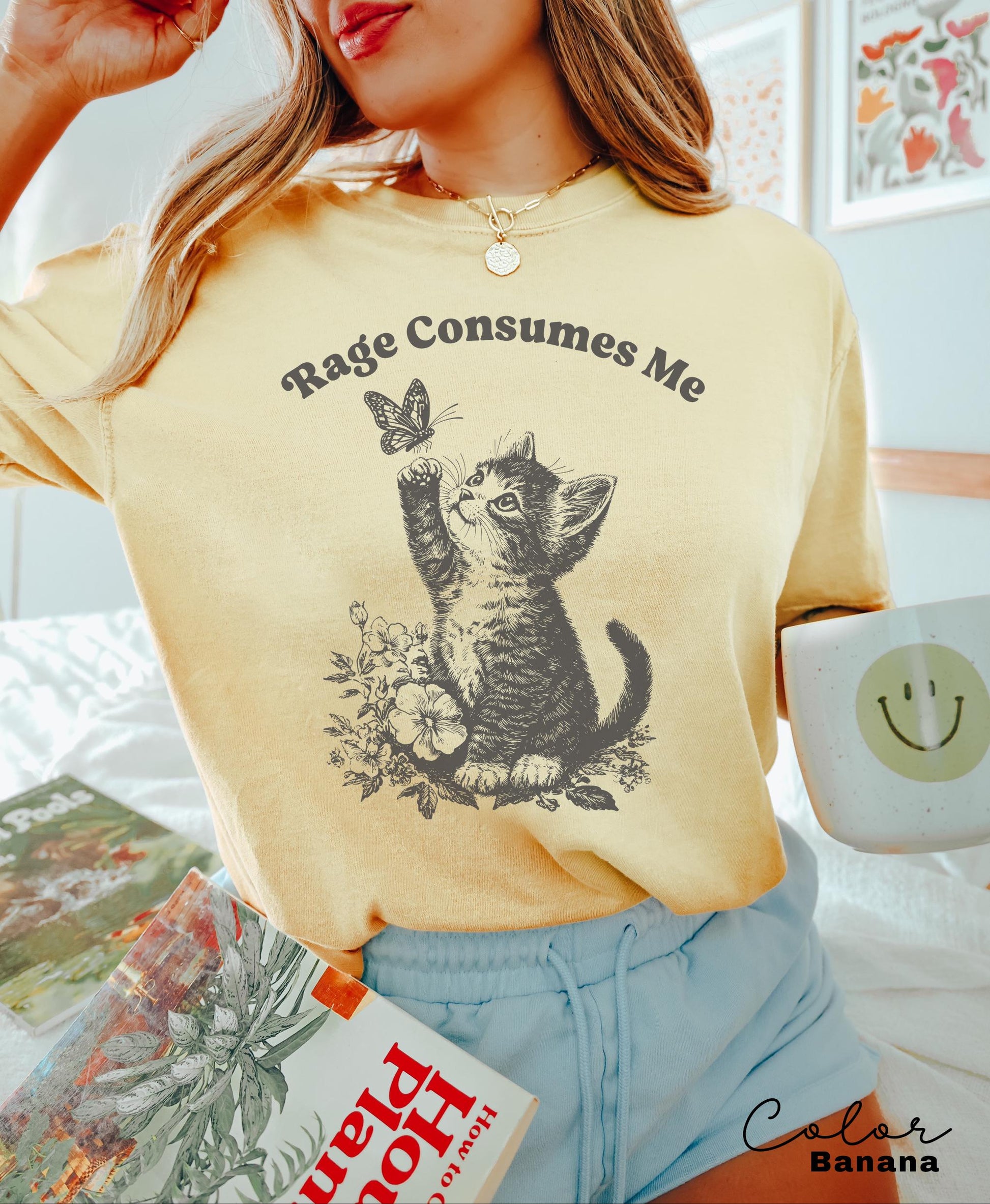 Rage Consumes Me Cute Cat Graphic T-Shirt – Funny Meme Tee with Butterfly Design