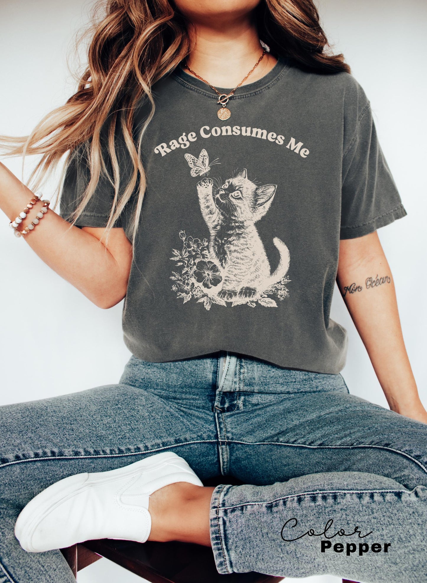 Rage Consumes Me Cute Cat Graphic T-Shirt – Funny Meme Tee with Butterfly Design