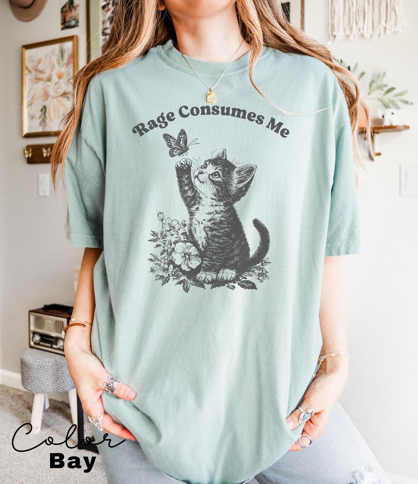 Rage Consumes Me Cute Cat Graphic T-Shirt – Funny Meme Tee with Butterfly Design