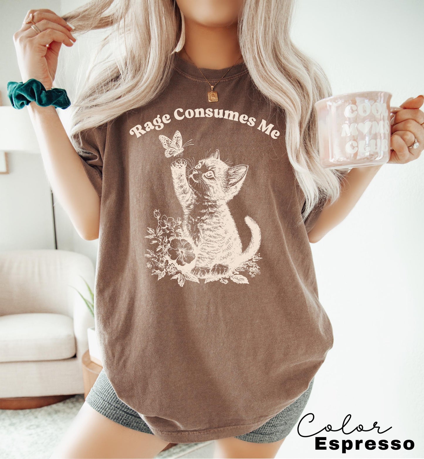 Rage Consumes Me Cute Cat Graphic T-Shirt – Funny Meme Tee with Butterfly Design