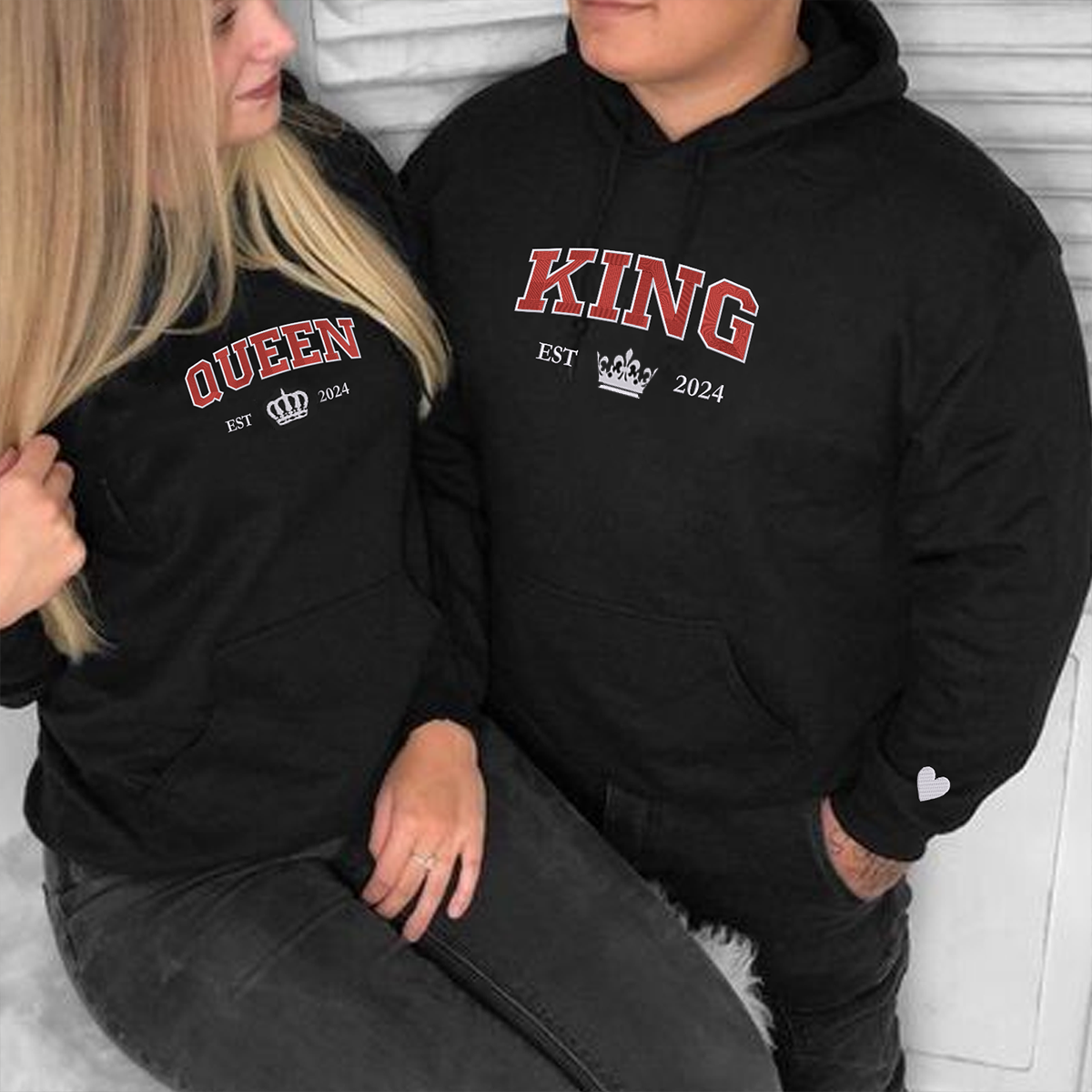 King and Queen Est Year Matching Hoodies for Couples - Custom Embroidered Sweatshirts