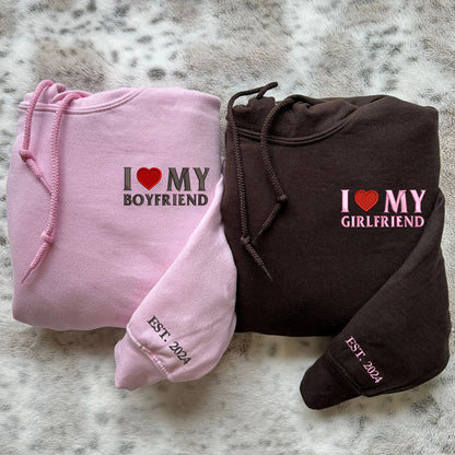 I Love My Girlfriend Boyfriend Matching Hoodies for Couples - Custom Embroidered Sweatshirts