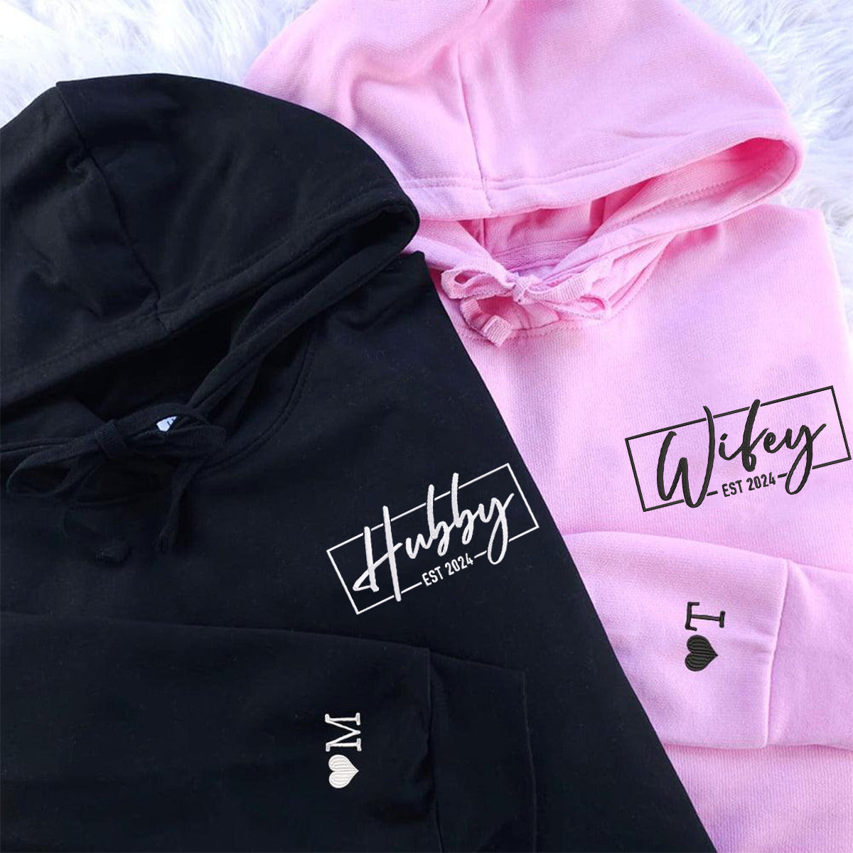 Hubby and Wifey Matching Hoodies for Couples - Custom Embroidered Sweatshirt Set