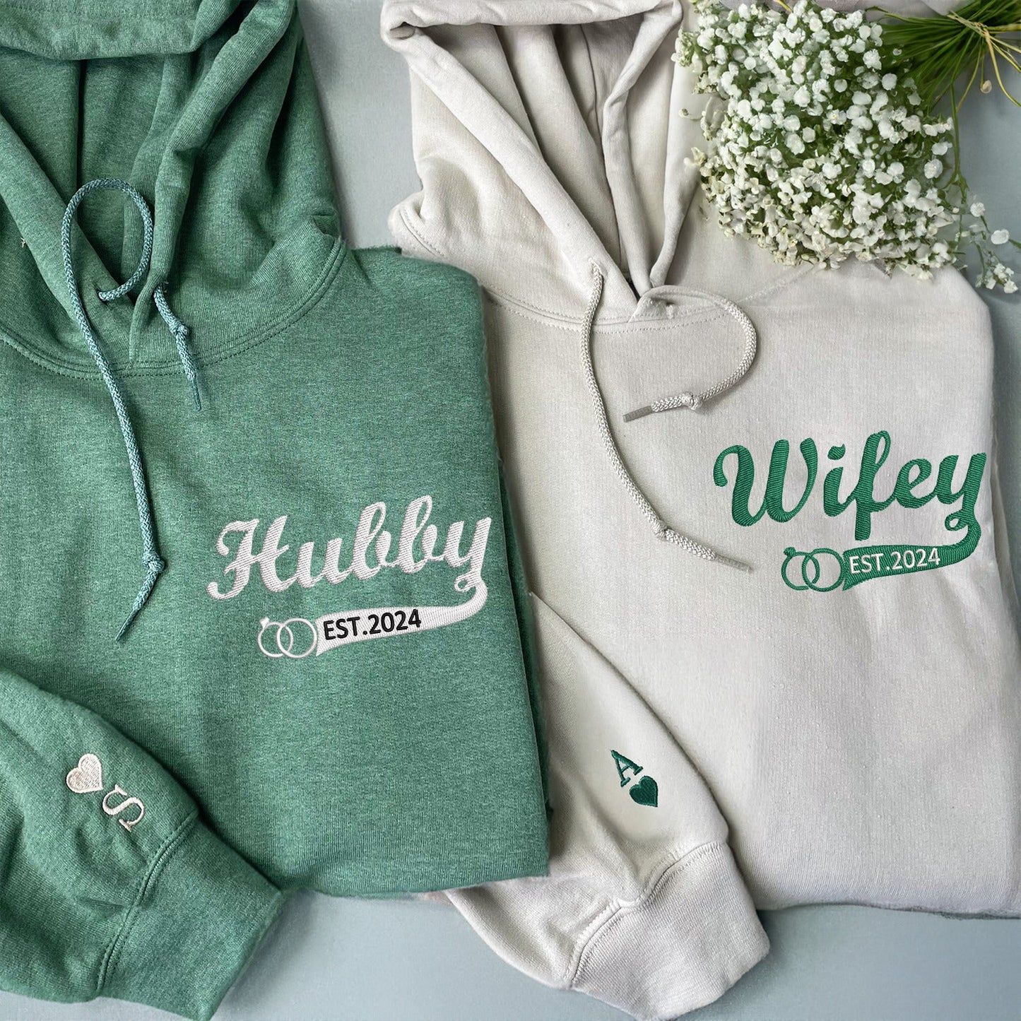 Hubby and Wifey Matching Hoodies for Couples - Custom Embroidered Sweatshirt Set